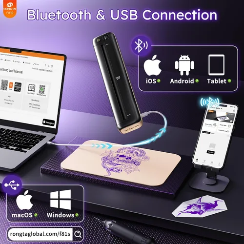Miniatura 2 de Rongta Impresora de plantillas de tatuaje F81S, impresoras térmicas inalámbricas Bluetooth con 5 papeles de transferencia, compatible con teléfonos