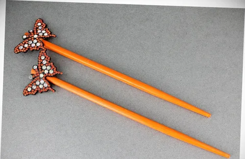 Perfect Hairstyle with Our Hair Accessories - Orange Set Of 2 Butterfly Hair Chop Sticks Wood Picks Pins Print 7 1/8" Long Fashionable Hair