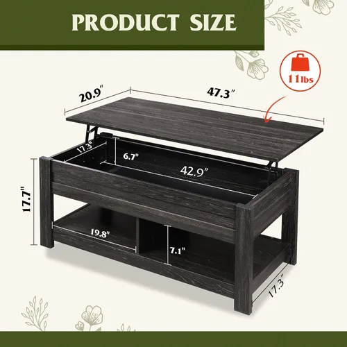 Miniatura 5 de WLIVE - Mesa de centro con parte superior elevable de 47", mesa de centro con compartimento oculto y 2 estantes de almacenamiento para sala de Roble