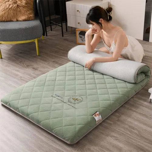 KKCD Shikibuton - Colchón de futón japonés de felpa, cálido y suave, colchón enrollable para tatami, tapete portátil para dormir con fibra de Verde