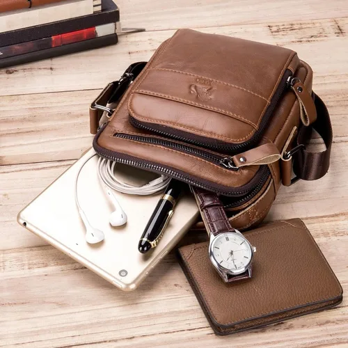 Miniatura 6 de BAIGIO Bolso de mensajero pequeño de cuero genuino para hombre, bolso de hombro para Ipad, bolso cruzado para hombre, bolso de viaje de negocios