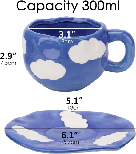 Miniatura 2 de Juego de taza de café y platillo de cerámica, cerámica hecha a mano de 10 onzas con patrón de nube blanca, pequeña taza de regalo para expreso, Azul