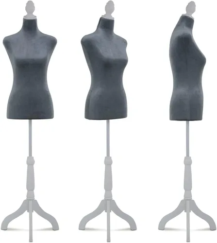 Miniatura 7 de Maniquí femenino de torso y cuerpo de maniquí con forma de maniquí de altura ajustable de 49.6 a 63.4 pulgadas con trípode de madera para ventana