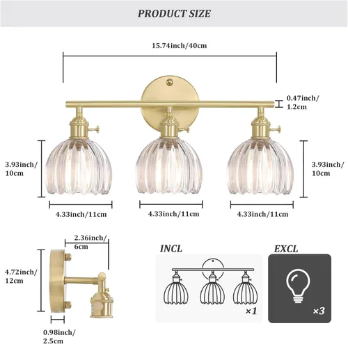 Miniatura 5 de Shenmoyl Accesorios de Iluminación para Baño, Lámpara de Pared de Latón de 3 Luces para Tocador Sobre Espejo con Pantalla de Cristal Tulipán Base