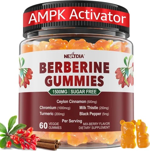 Gomitas de berberina de 1500 mg sin azúcar, suplemento orgánico de berberina con canela de Ceilán, cromo, cúrcuma, cardo mariano para el metabolismo
