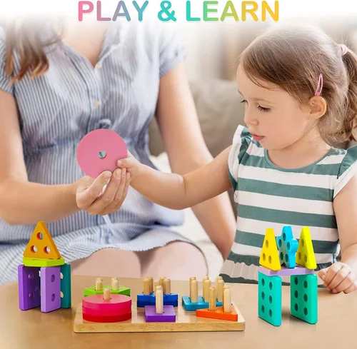 Miniatura 6 de Juguetes de clasificación y apilamiento de madera, juguetes Montessori para niños de 1, 2, 3 años, rompecabezas clasificador de formas con 24