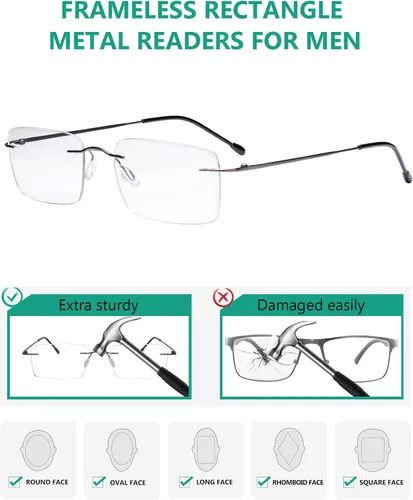 Miniatura 5 de Eyekepper Paquete de 3 lentes de lectura de metal sin montura para hombres, lectores rectangulares sin marco (negro/azul/plomizo)+0.00