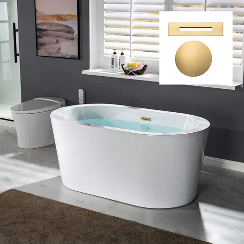 WOODBRIDGE Bañera de acrílico independiente de 56 pulgadas, bañera blanca de remojo contemporáneo con desbordamiento y drenaje de oro cepillado,