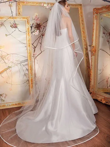 Unsutuo 2 Tiers Bride Wedding Veil Ivory Ribbon Cathedral Veil Bridal Tulle Veil for Women and Girls Ivory