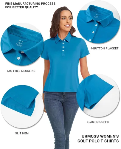 Miniatura 4 de URMOSS Polo de golf para mujer, transpirable, de manga corta, ligera, 4 botones