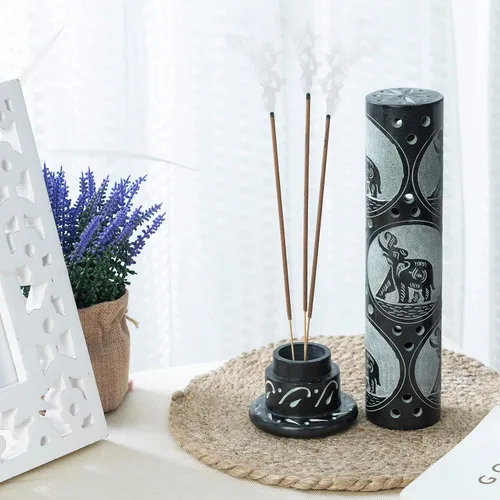 Miniatura 5 de Crocon Quemador de torre de incienso de mármol negro hecho a mano, forma redonda, diseño Jali, quemador de torre de incienso Portavelas de luz