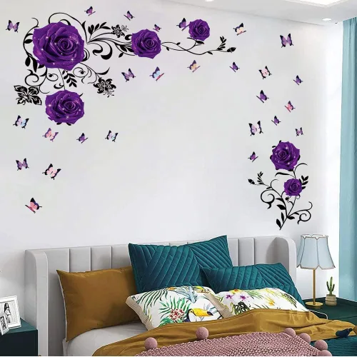 Miniatura 2 de Supzone Pegatinas de pared de rosas moradas, diseño de flores y vides, decoración de pared floral de peonía morada, arte mural de vinilo para Morado