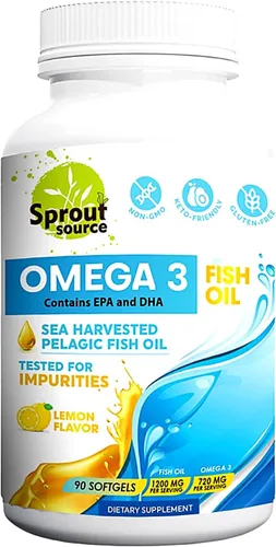 Suplemento de aceite de pescado Omega-3 - Sabor a limón, sin eructos a pescado - 1200 mg de alta potencia EPA DHA - Suministro para 90 días -