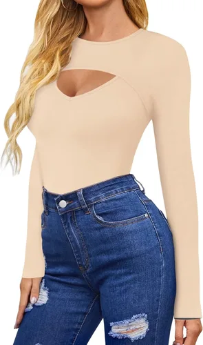 Miniatura 2 de HERLOLLYCHIPS Camiseta de manga larga para mujer, con corte frontal, acanalada, sexy, casual, elegante, para otoño