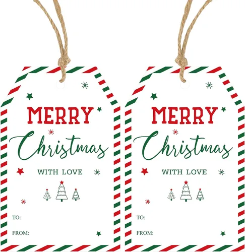 Miniatura 15 de Etiquetas de regalo de Navidad de Anwyll con cuerda - 50 piezas etiquetas de arco rosa feliz feliz feliz Navidad para regalos etiqueta de regalo