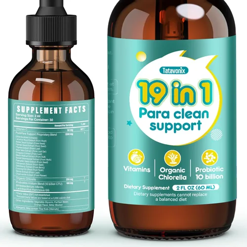Gotas de Limpieza Intestinal Herbal 19 en 1 - Ajenjo, Nogal Negro, Chlorella 250mg, Probióticos 10B, Clavo y Orégano - Soporte de Desintoxicación