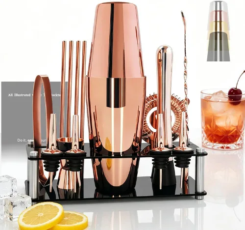 Miniatura 9 de Juego profesional de coctelera con soporte y recetas de cócteles, kit de 15 piezas de 750/600ml para barman, juego de utensilios de bar, juego de Oro