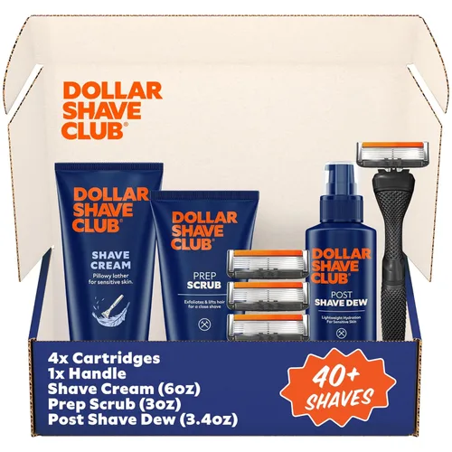 Dollar Shave Club | Ultimate Set | 4 cartuchos de repuesto de afeitado extra apurado, 1 maquinilla, 1 exfoliante de preparación de 3 onzas, 1 crema