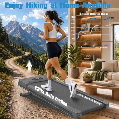 Miniatura 2 de PACEROCKER Walking Pad Treadmill with 12% 9-Level Auto Incline, 450 lbs Capacity Bluetooth Speaker Under Desk Treadmills for Home Hiking, 5 MPH