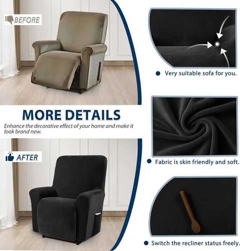 Miniatura 4 de Asnomy Fundas para Silla Reclinable Lazy Boy con Bolsillos, Fundas Elásticas de Terciopelo para Sofá, Fundas de 1 Pieza para Muebles, Protector