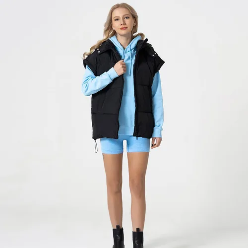 Miniatura 34 de Shiyifa Chaleco acolchado para mujer, chaqueta de gran tamaño, sin mangas, ligera, con cremallera, con capucha desmontable