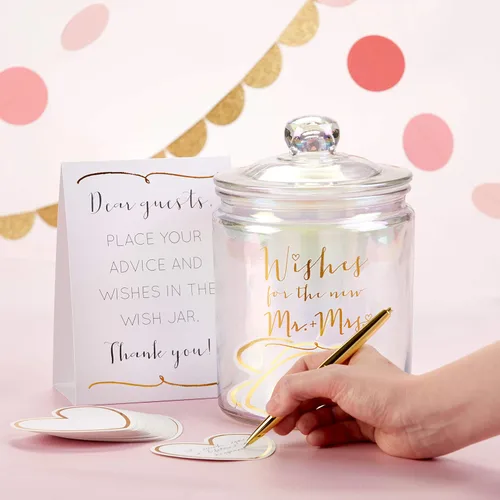 Miniatura 3 de Kate Aspen Tarro iridiscente de deseos de boda con 100 tarjetas en forma de corazón, libro de invitados, decoraciones de despedida de soltera