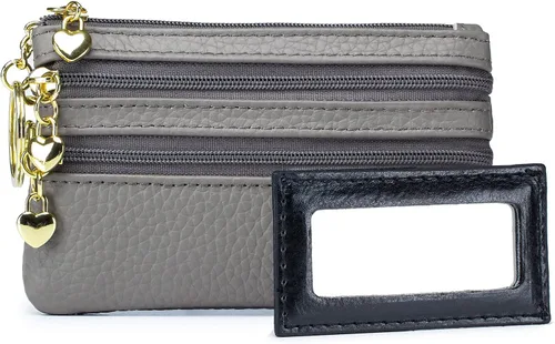 imeetu Monedero para mujer, monedero de cuero genuino con cremallera, pequeño monedero con llavero, Gris claro, 5.1 x 3.35 x 0.59 inches, Monedero