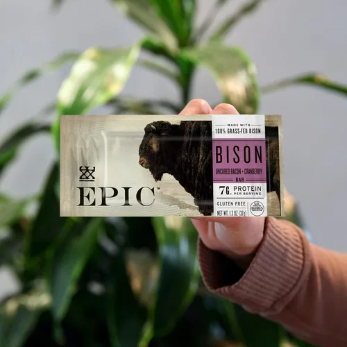 Miniatura 4 de Barritas EPIC de tocino de bisonte y arándanos rojos, alimentadas con hierba, 12 unidades en caja, barritas de 1.3oz