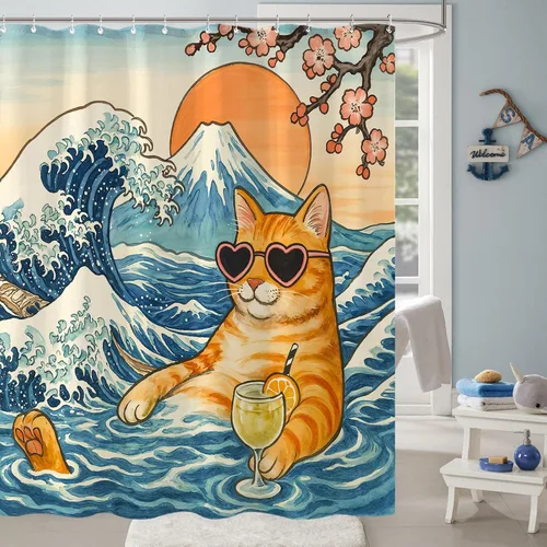 Miniatura 4 de Juego de cortinas de ducha relajadas con diseño de ondas de arte japonés impermeable, cortina de ducha para baño, divertida escena de vacaciones