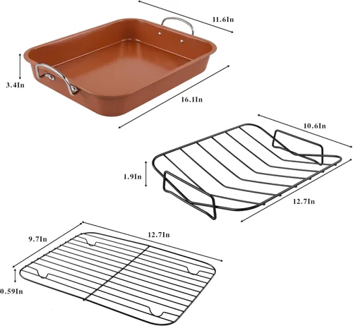 Miniatura 2 de KitCom Bandeja para Asar Antiadherente, Asador con Rejilla de Enfriamiento y Rejilla en V - Bandeja para Pavo y Lasaña Rectangular de 16 Pulgadas