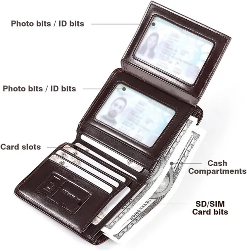 Miniatura 48 de Billetera de piel triple con bloqueo RFID para hombre con 2 ventanas de identificación, 2 compartimentos para efectivo, 6-8 ranuras para tarjetas