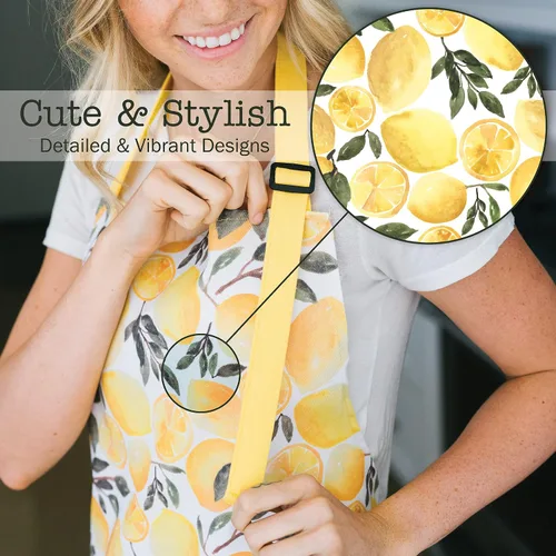Miniatura 4 de Adjustable Designer Kitchen Apron for Adults Cotton Cooking Apron with Pockets and Adjustable Neck Buckle limones amarillos