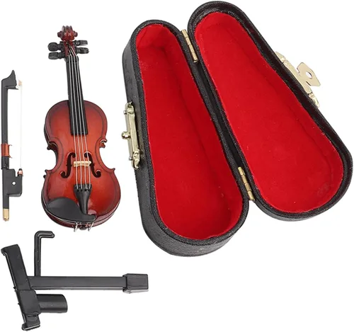 Miniatura 8 de HERCHR Violín en miniatura de madera, violonchelo en miniatura con soporte, mini instrumento musical, modelo de casa de muñecas en miniatura