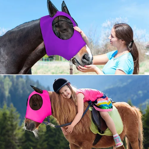 Miniatura 5 de Weewooday - 2 máscaras faciales de caballo con orejas, suaves y elásticas para moscas, cubierta de malla transpirable para los ojos, máscaras