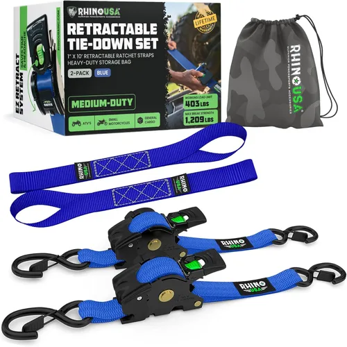 Miniatura 15 de Rhino USA Correas de trinquete retráctiles (paquete de 2) – 1 pulgada x 10 pies (1,209 libras de resistencia a la rotura) – Correas de amarre auto