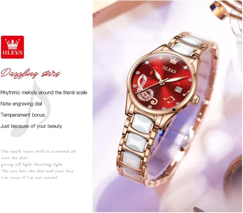 Miniatura 4 de OLEVS Reloj de pulsera para mujer, oro rosa, elegante, de cerámica, para mujer, de cuarzo, acero inoxidable, impermeable, luminoso