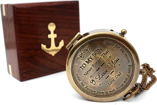 Miniatura 11 de Brass Compass with Wooden Case Engraved Compass from Mom to Son Graduation Gift, Birthday, Inspirational Travel Keepsake Bronce 3