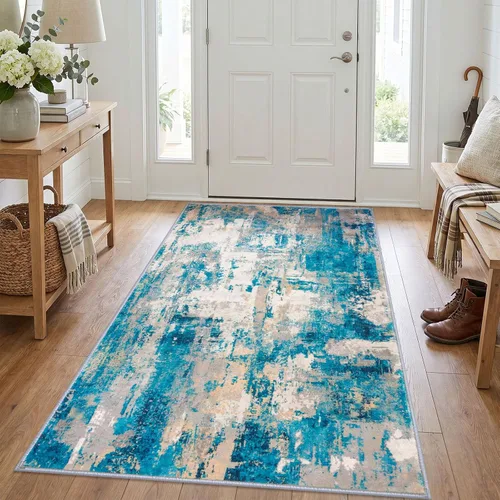 Miniatura 32 de KOZYFLY Tapete de entrada abstracto de 2 x 3 pulgadas, lavable, antideslizante, suave, para área pequeña, color azul y beige, moderno, a rayas