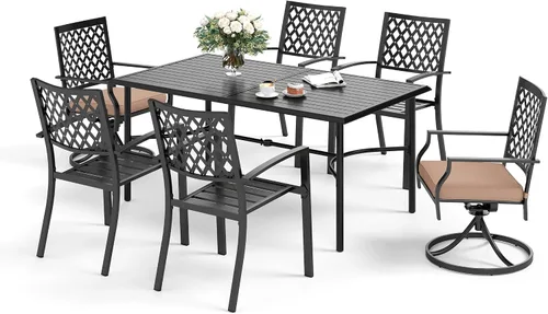 Miniatura 25 de SUNSHINE VALLEY Juego de 7 sillas de comedor para patio, material metálico, 6 sillas de comedor de color teca rectangular con agujero para sombrilla