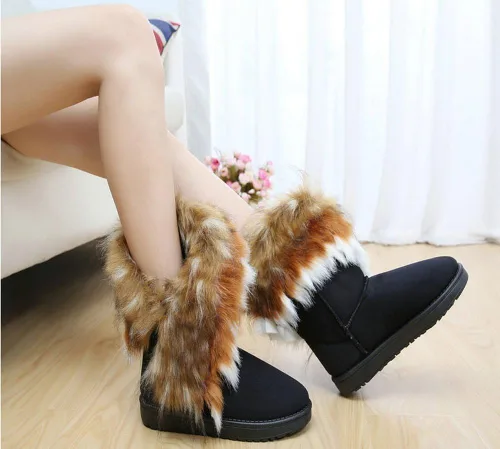 Miniatura 2 de Bota plana de nieve al tobillo, para el invierno, con piel falsa y flecos, de mujer