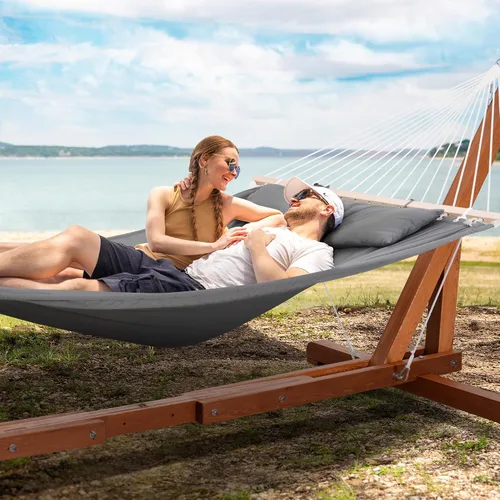 Miniatura 2 de SUNCREAT Soporte de hamaca de madera ajustable de 12 a 14 pies, solo soporte de hamaca de madera de alerce para exteriores, capacidad de 475 libras