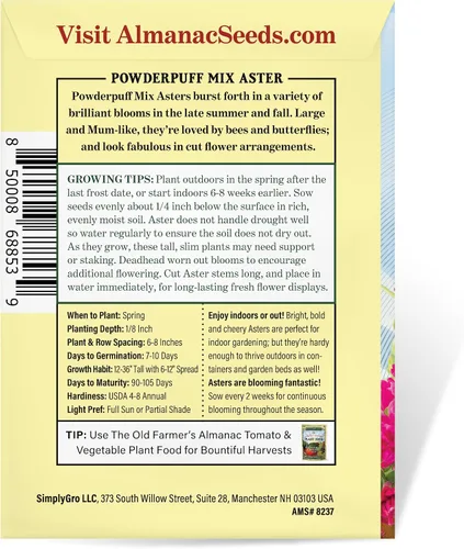 Miniatura 4 de The Old Farmer's Almanac Aster Seeds (mezcla de polvo) - Aproximadamente 360 semillas de flores - Premium sin OMG, polinizado abierto, origen