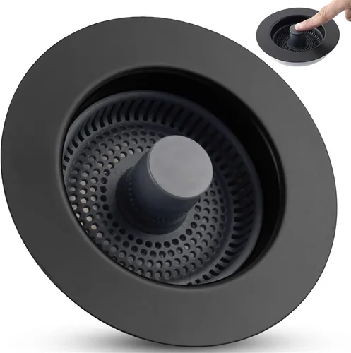 Combo Universal 3 en 1 de Colador y Tapón de Drenaje para Fregadero de Cocina, Carcasa de Acero Inoxidable Negro con Tapón Emergente para Filtro de