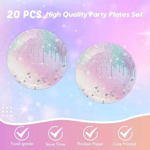 Miniatura 3 de Suministros de decoración de fiesta de cumpleaños con diamantes iridescentes, juego de vajilla de papel holográfico desechable incluye 20 platos, 20