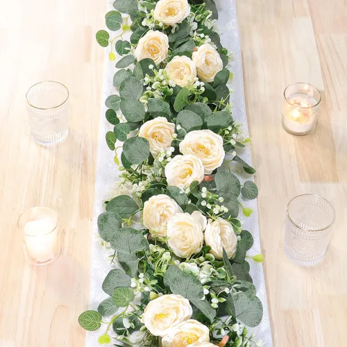 Miniatura 11 de TOCHGREEN Paquete de 4 Guirnaldas de Flores de Eucalipto Artificial con Rosas Blancas, Guirnalda de Flores de Rosa Falsa Vegetación Enredaderas