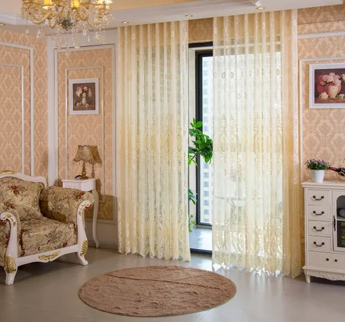 Miniatura 2 de European Style Semi Jacquard Sheer Curtains Basic Rod Pocket Top Style Living Room Bedroom(2 Panels, W 100 x L 102 inch, Yellow)