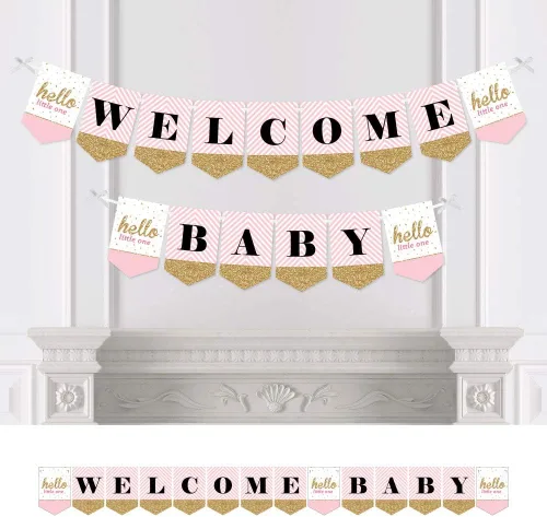 Big Dot of Happiness - Hello Little One - Rosa y dorado - Banner de banderines para baby shower - Decoraciones de fiesta de niña - Welcome Baby