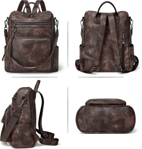 Miniatura 51 de OPAGE - Mochila de cuero para mujer, con borla de moda, bolso de hombro, mochila grande, bolsa de viaje, gris, L
