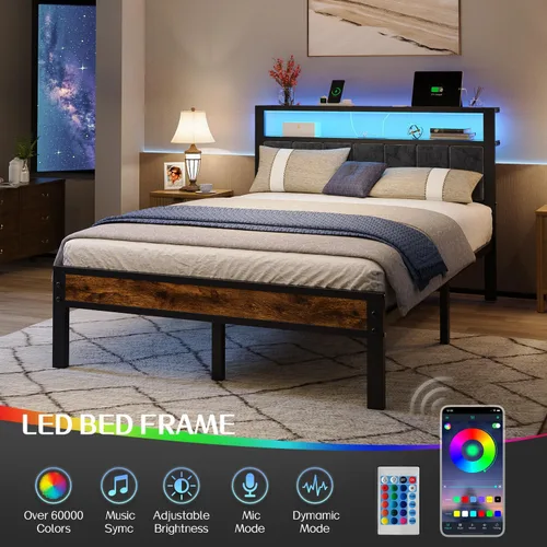 Miniatura 6 de Liians Estructura de cama de plataforma tamaño completo con luces LED, estación de carga, cabecera tapizada gris con estantes de almacenamiento de 2