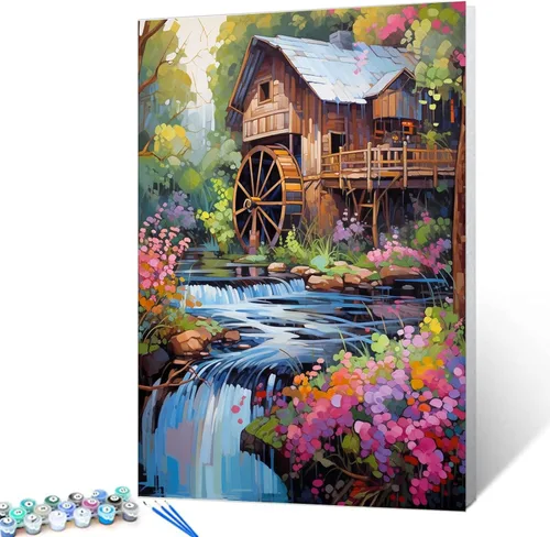 Miniatura 9 de Tucocoo Kit de pintura de flores para casa por números con pinceles y pigmento acrílico sobre lienzo para adultos, paisajes de bosques arroyos